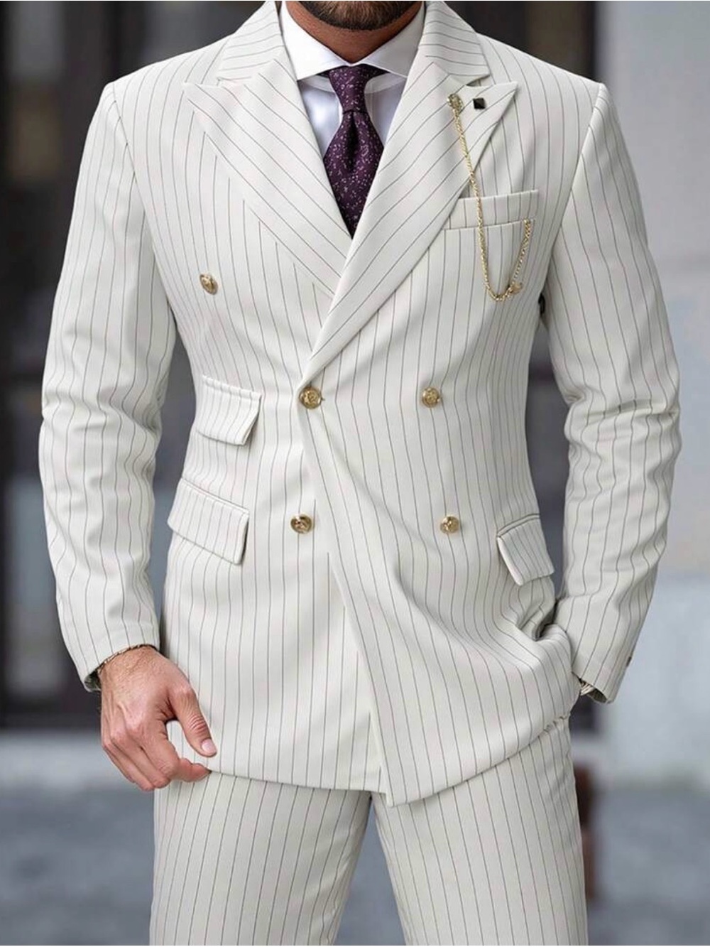 Men's Double-Breasted Cream Pinstripe Suit Jacket with Gold Buttons